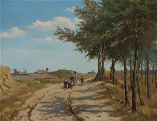 J.H. Eggeltte, oil on canvas, figures on a lane, signed and dated 1913, 38 x 48cm